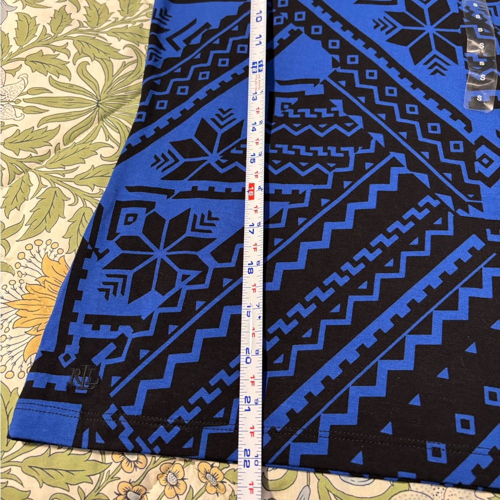 Lauren Ralph Lauren Fair Isle Stretch Jersey Blue & Black Pattern Turtleneck Top - Picture 7 of 8